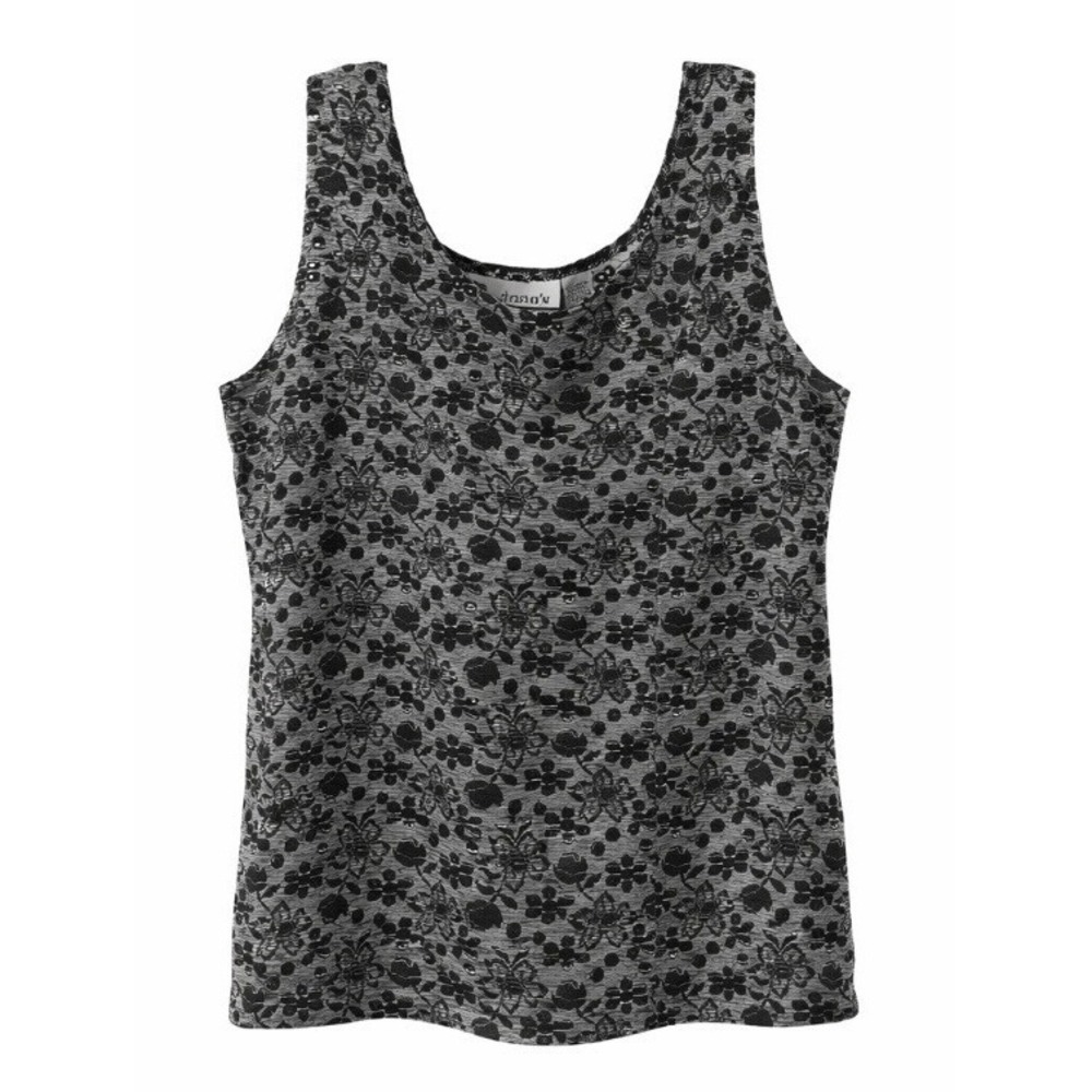 Chicos Design Black Floral Textured Tank Top Size 2 Fits S/M USA Vintage